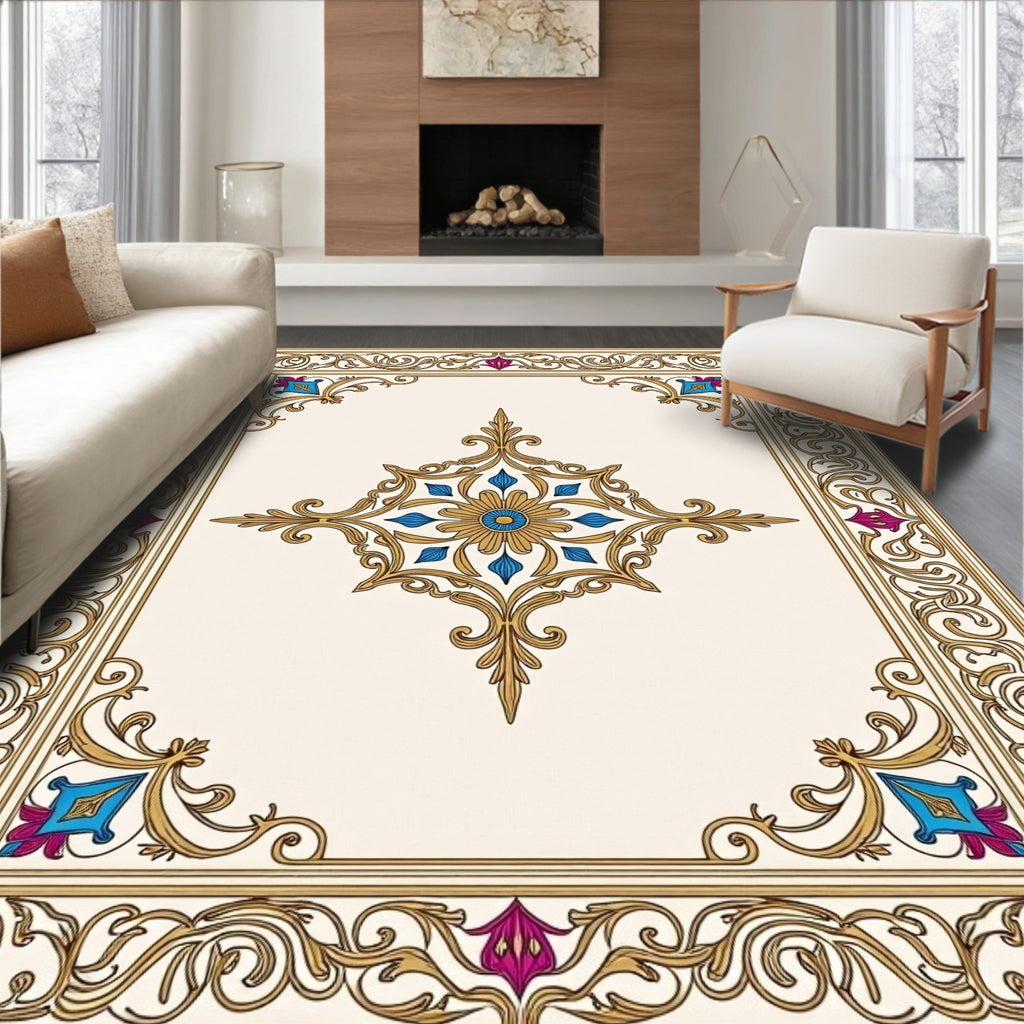 Ornate Gold Floral Centerpiece Rug