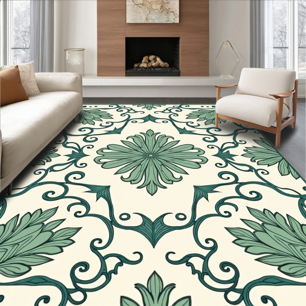 Elegant Teal Floral Scrollwork Design Rug