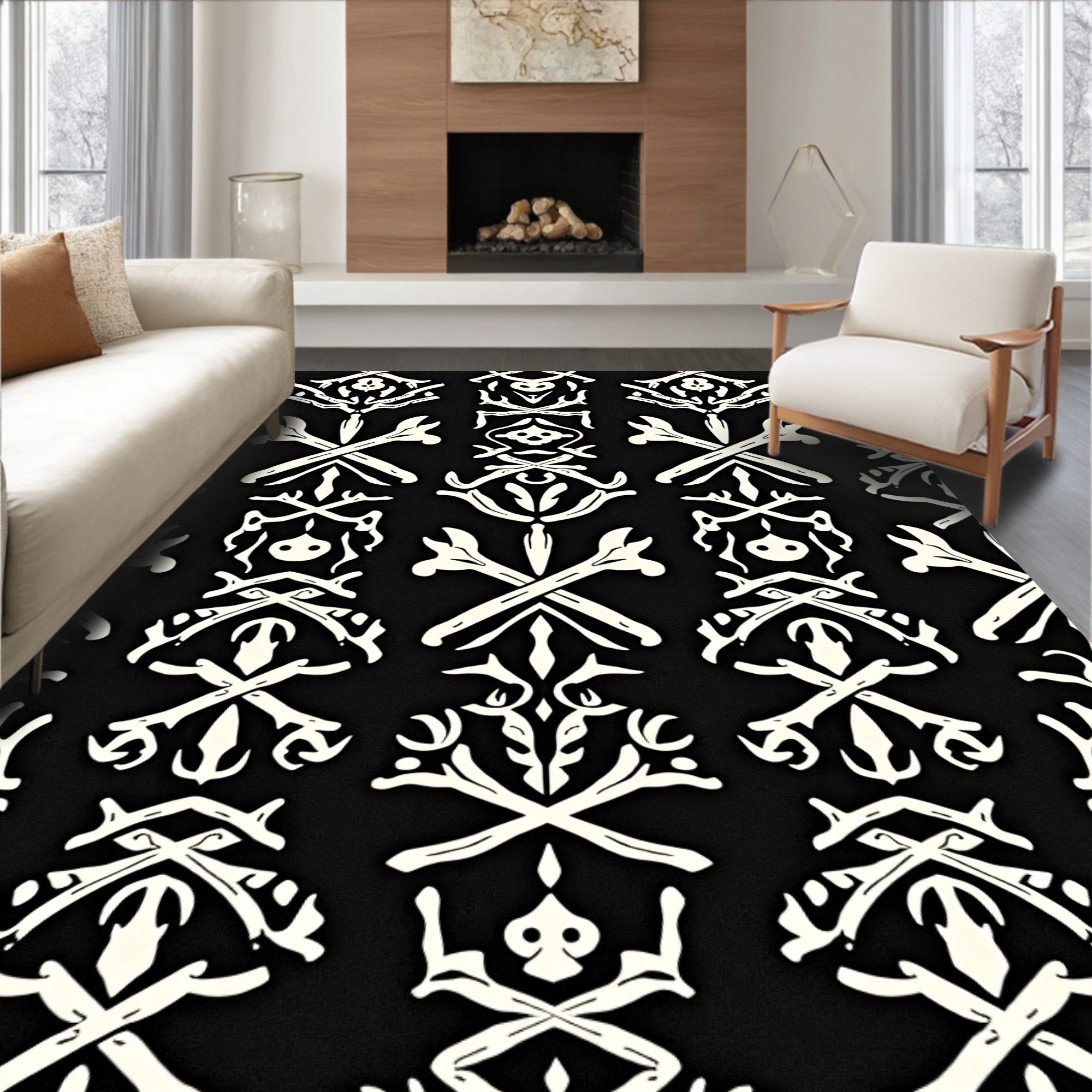 Black White Bone Crossing Ornament Rug