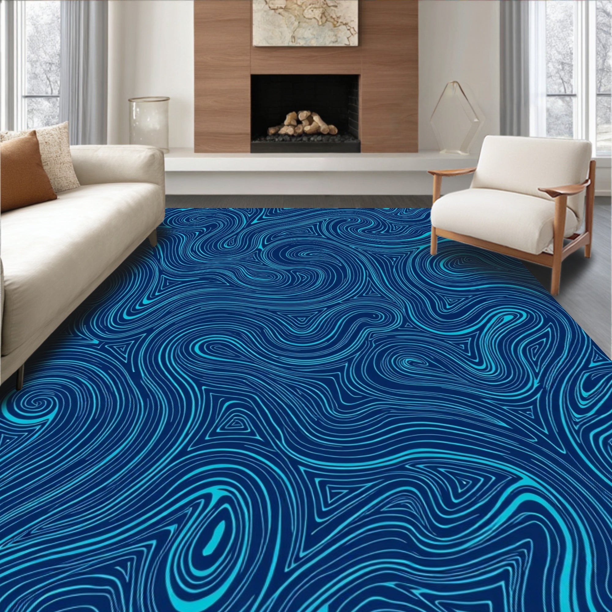 Abstract Swirls Triangles Deep Blue Rug