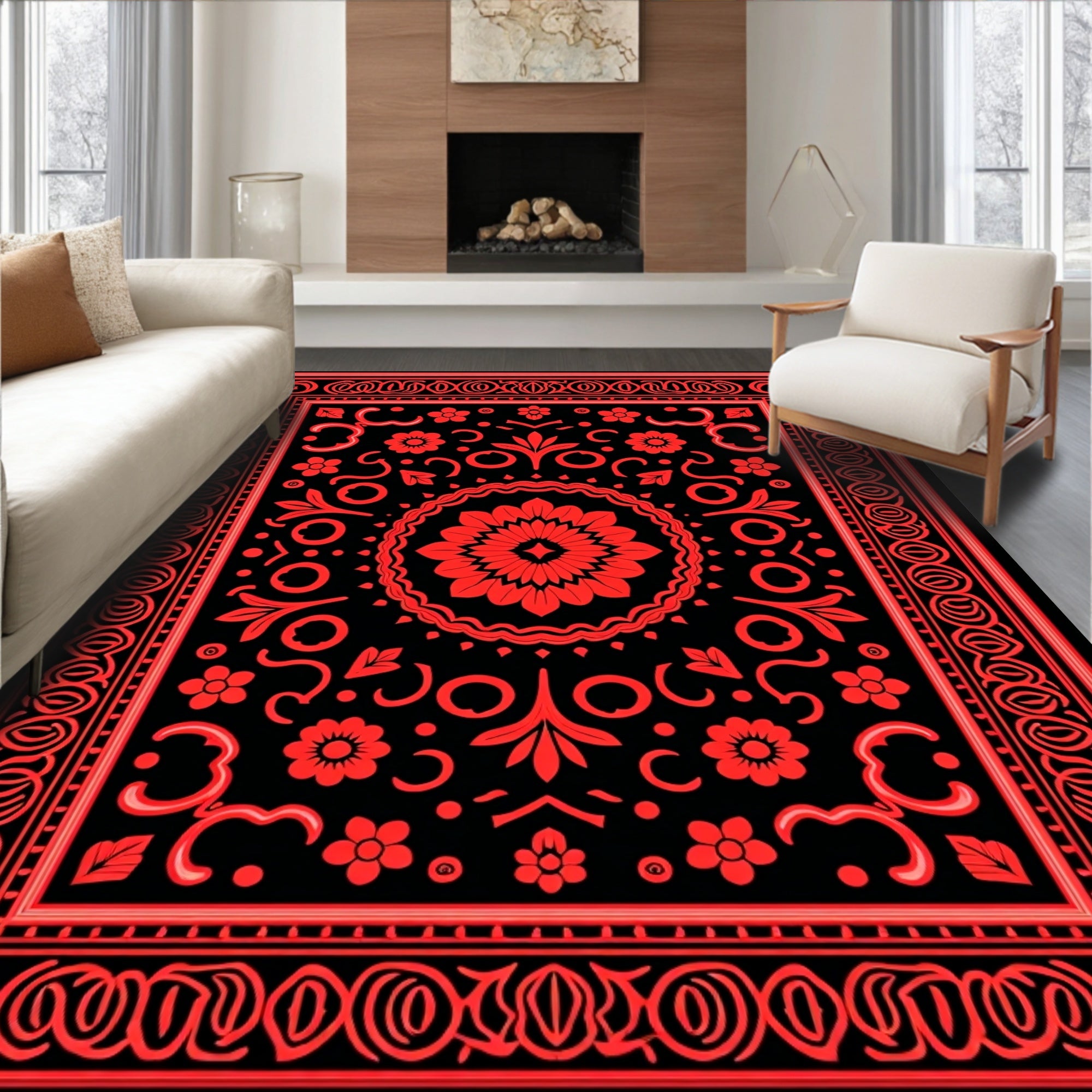Bold Floral Bordered Central Medallion Rug