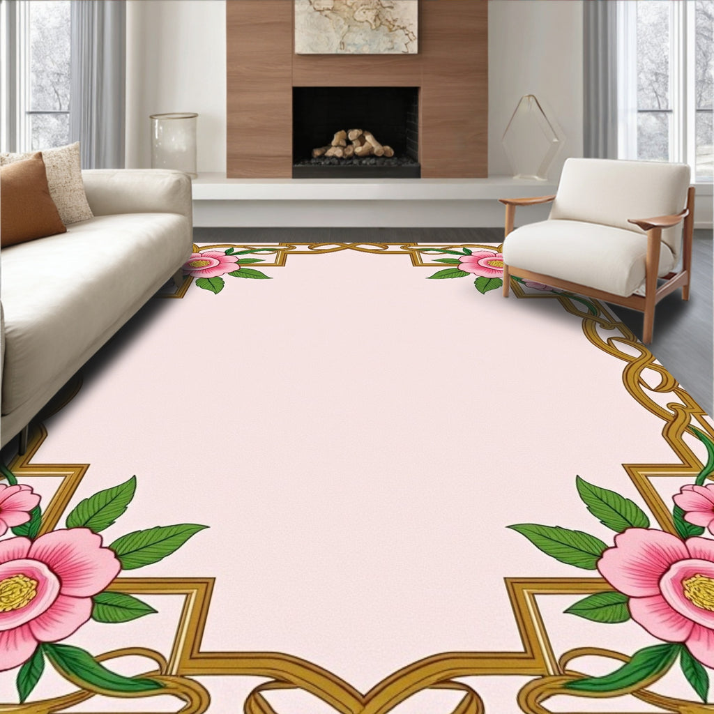 Ornate Pink Floral Gold Border Rug