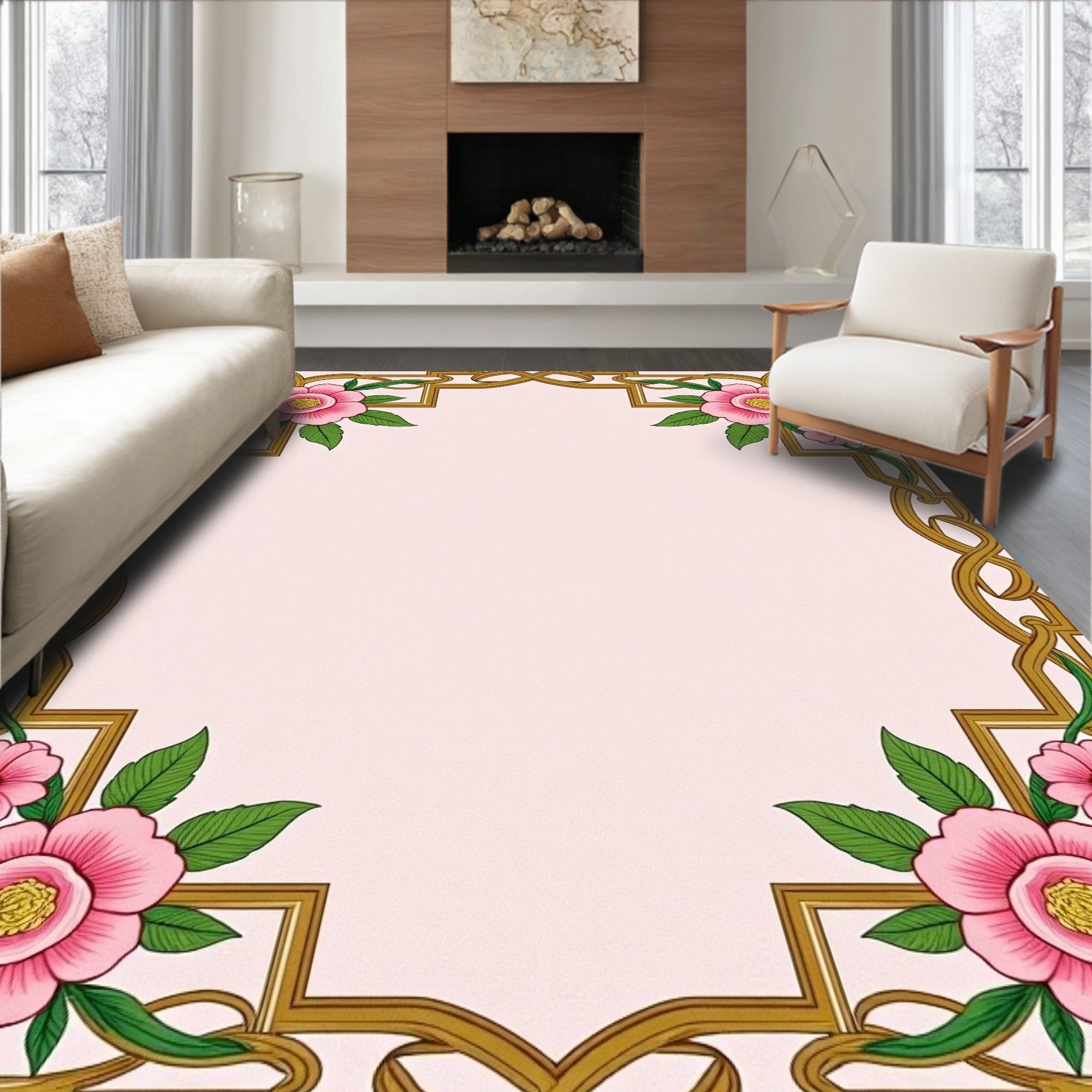 Ornate Pink Floral Gold Border Rug