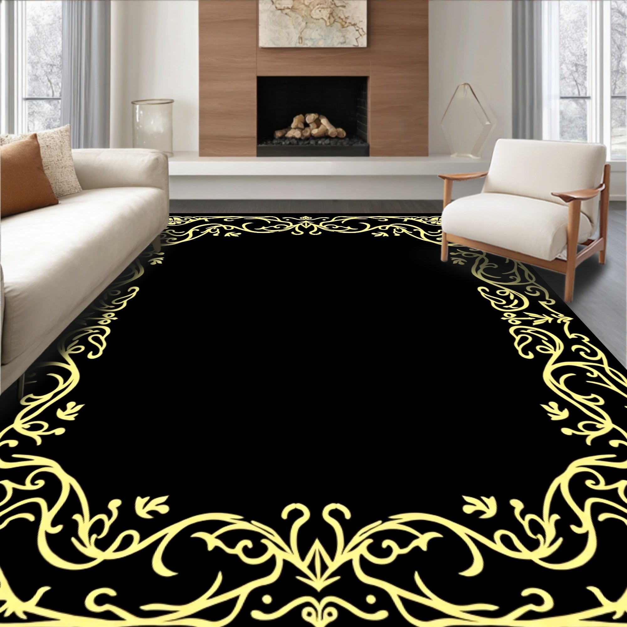 Ornate Yellow Flourish Border Design Rug