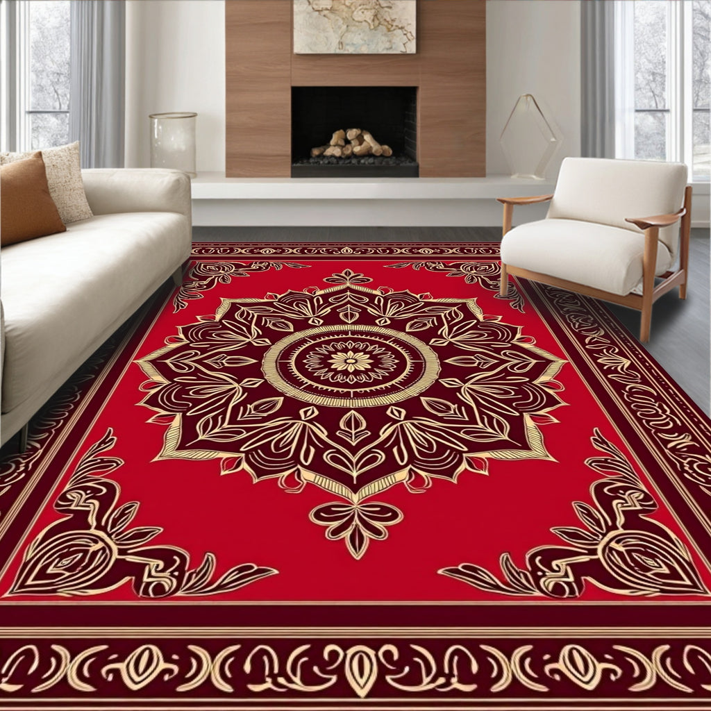 Red Gold Floral Medallion Rug