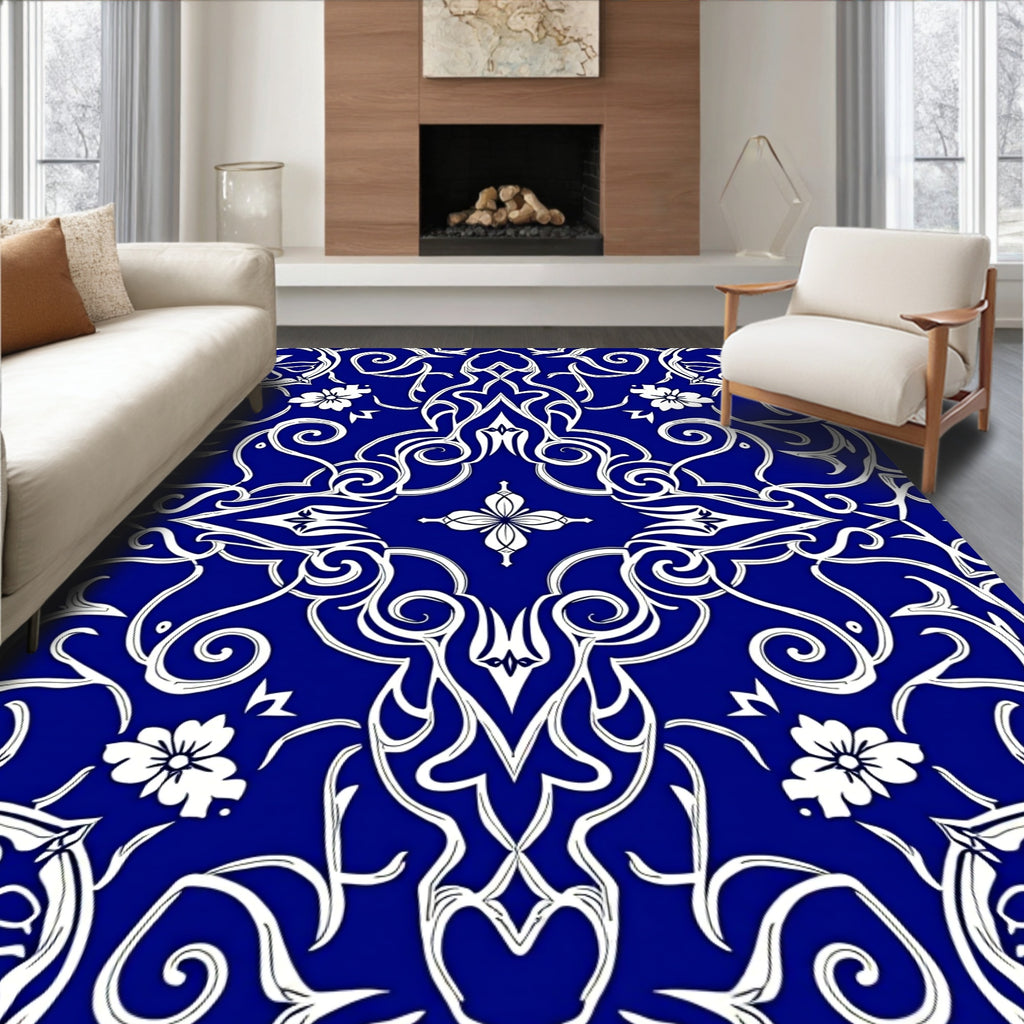 Intricate Blue White Floral Swirls Rug