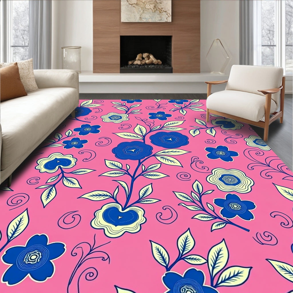 Vibrant Blue Floral Swirl Pink Rug