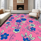Vibrant Blue Floral Swirl Pink Rug