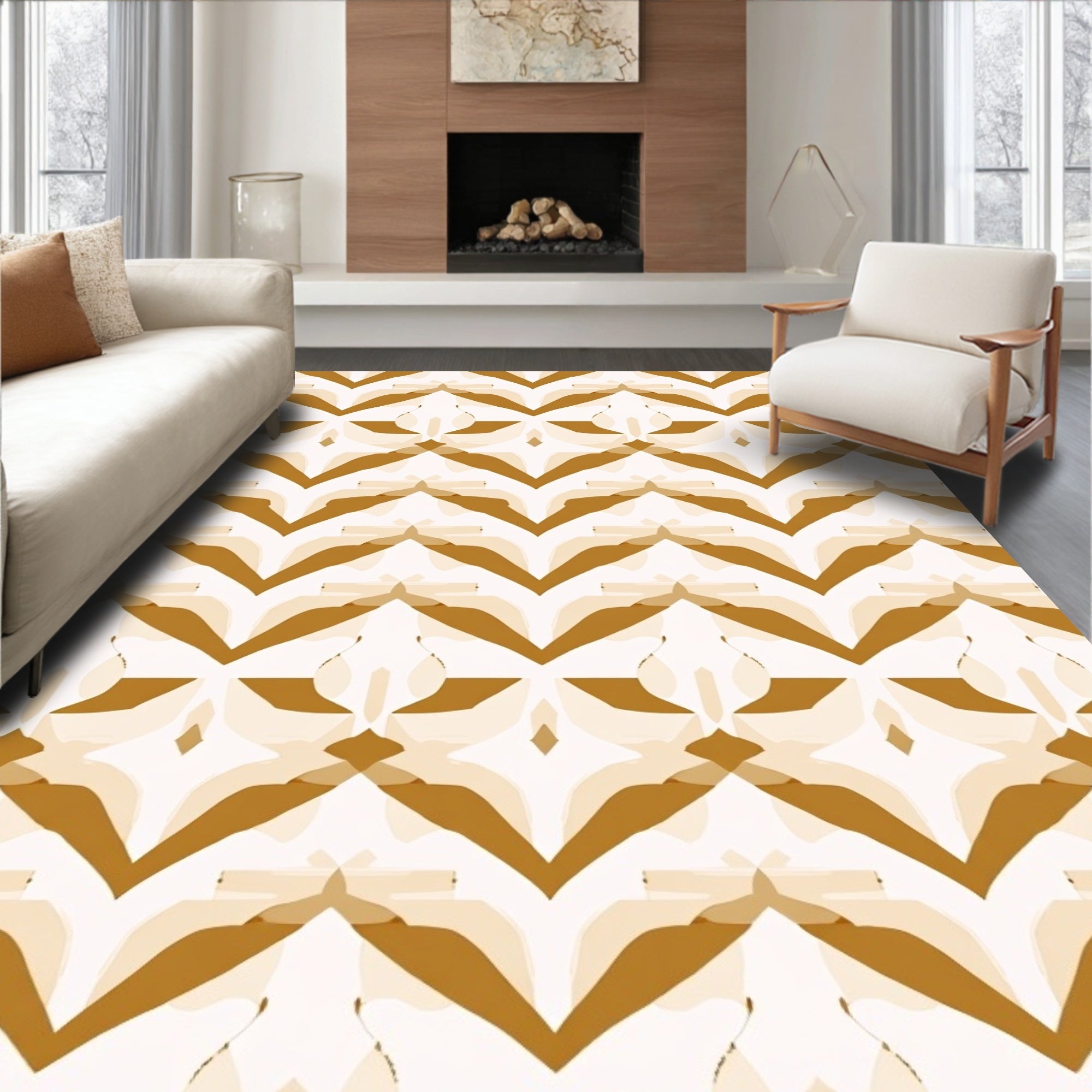 Golden Abstract Geometric Overlay Pattern Rug