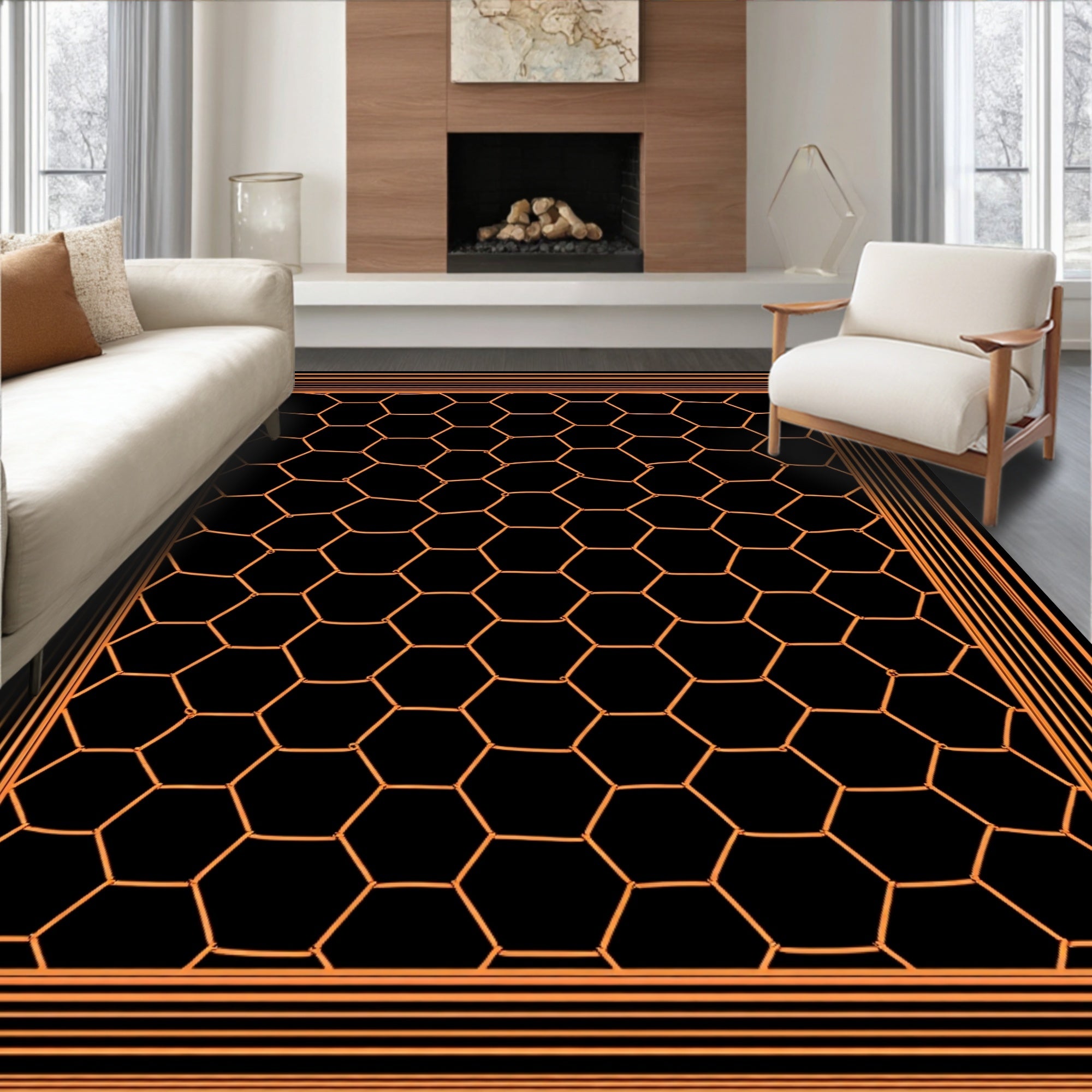 Geometric Honeycomb Inlay Rug