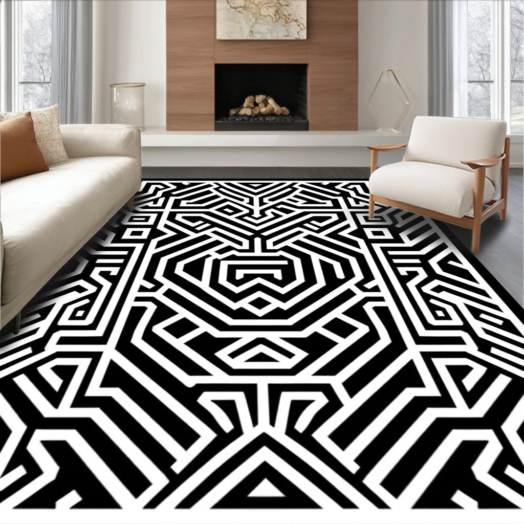 Black White Geometric Maze Pattern Rug