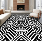 Black White Geometric Maze Pattern Rug