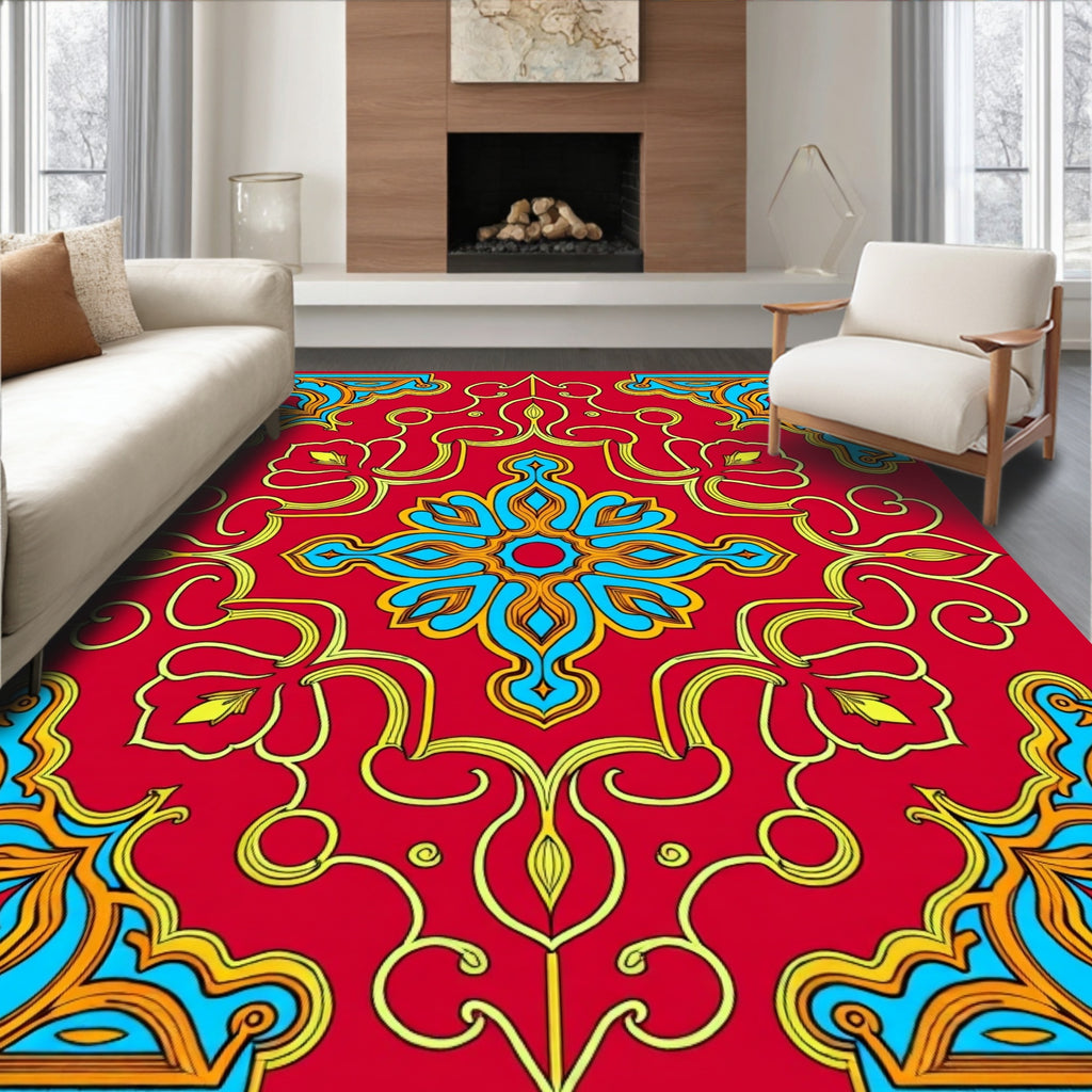 Red Teal Gold Floral Medallion Design Rug