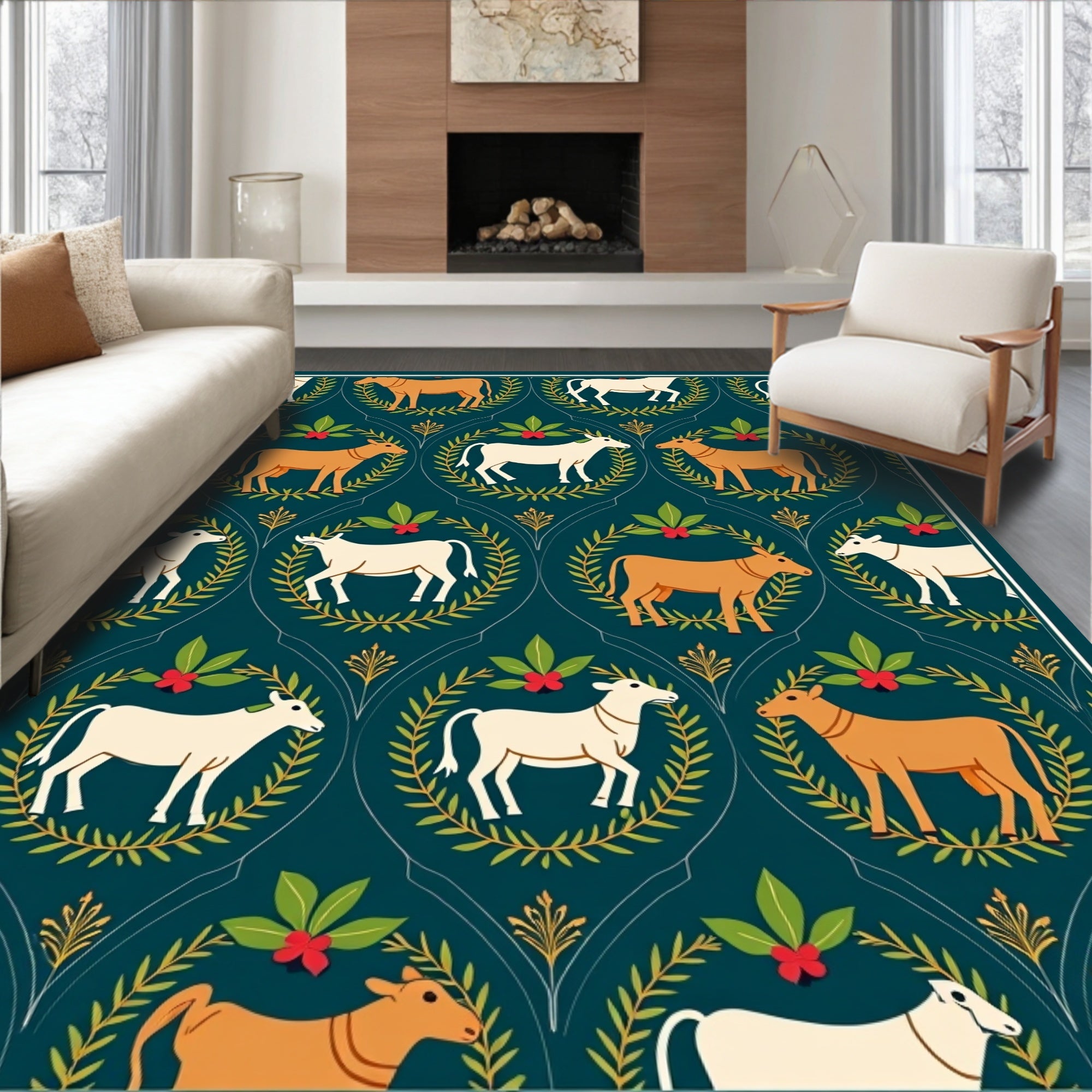 Farm Animals Laurel Wreath Teal Rug