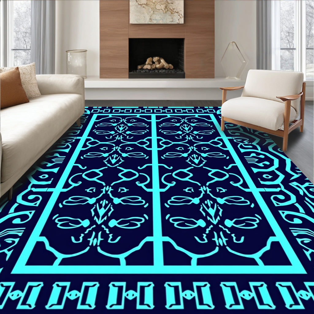 Intricate Cyan Geometric Tribal Design Rug