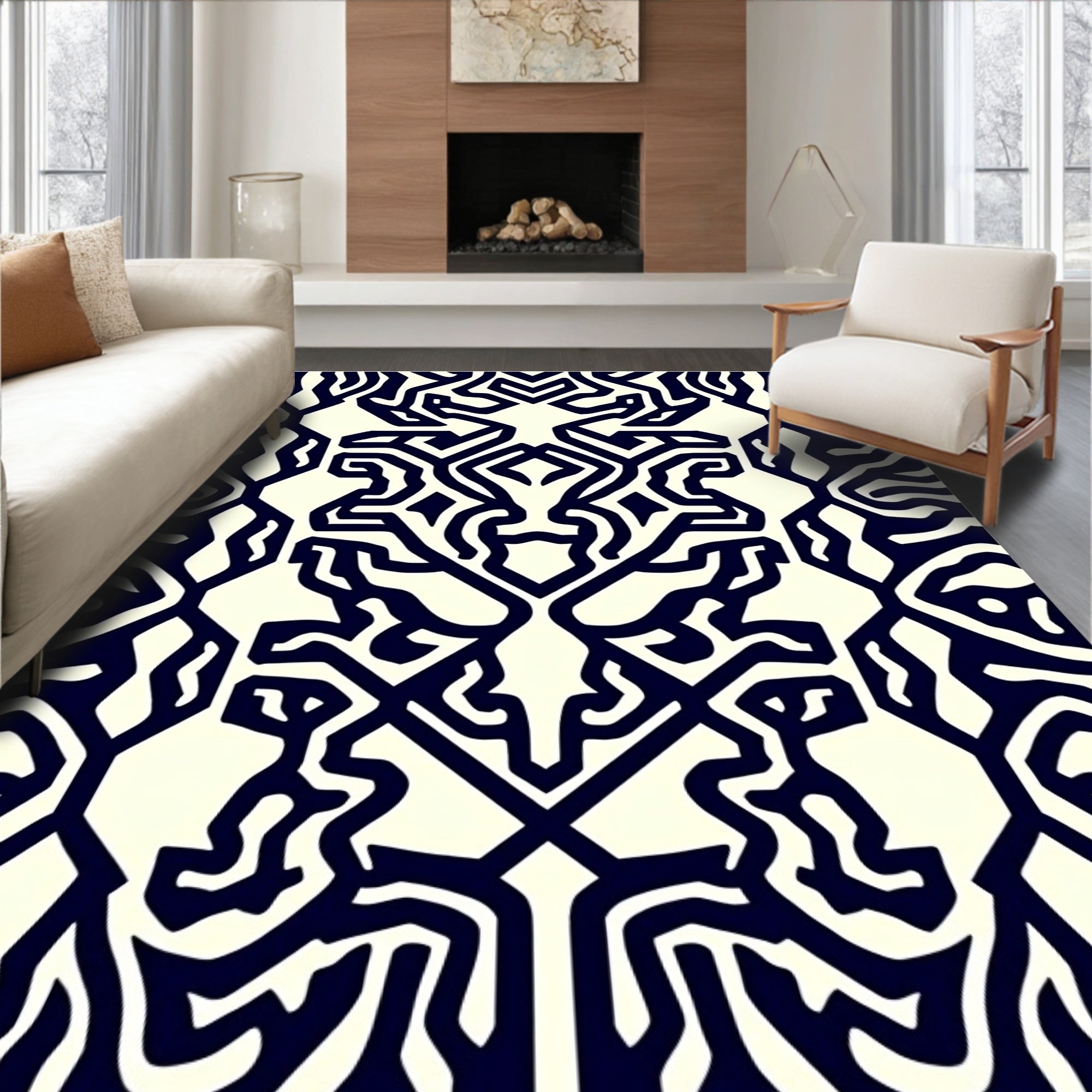 Abstract Black White Organic Pattern Rug
