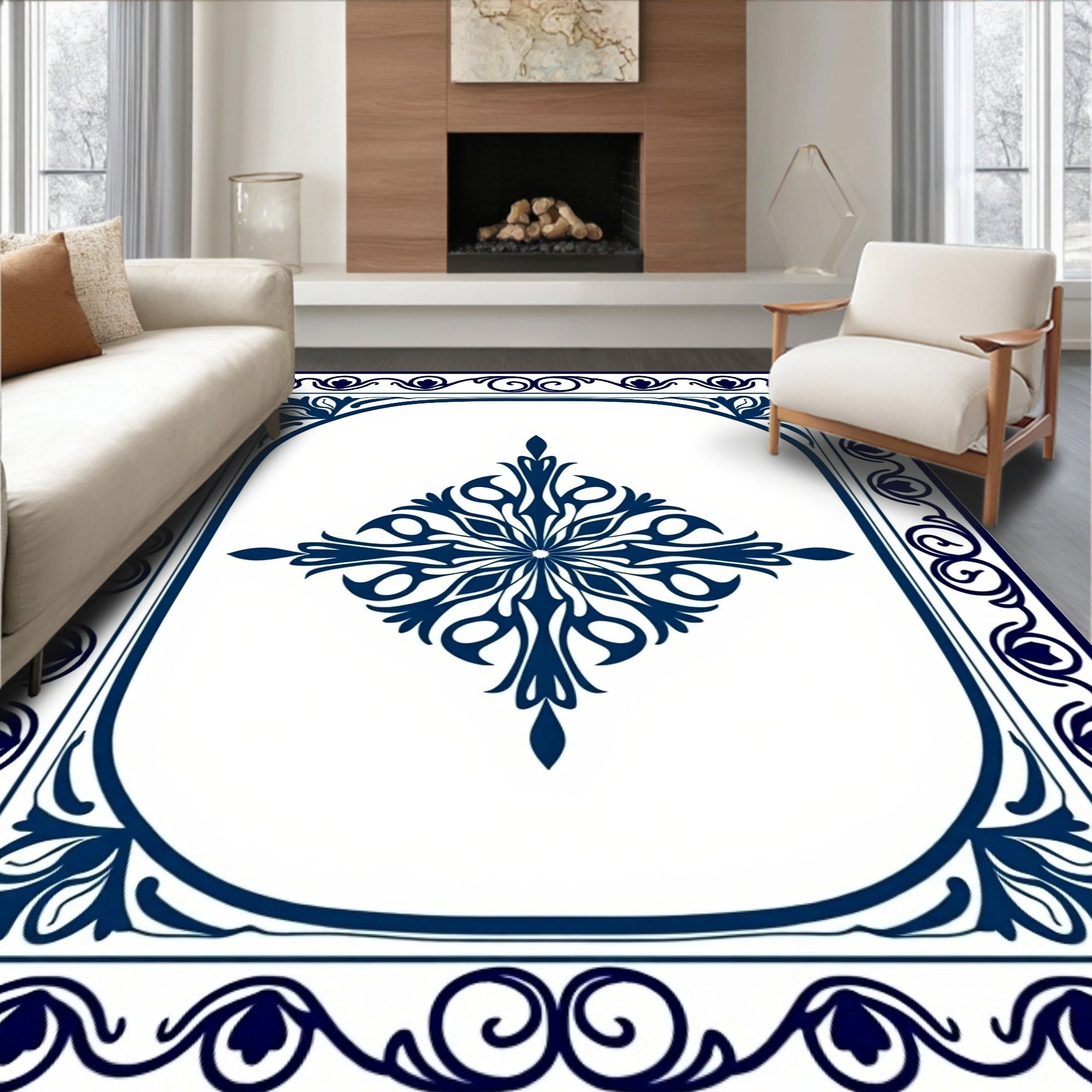 Classic Blue Floral Medallion Design Rug
