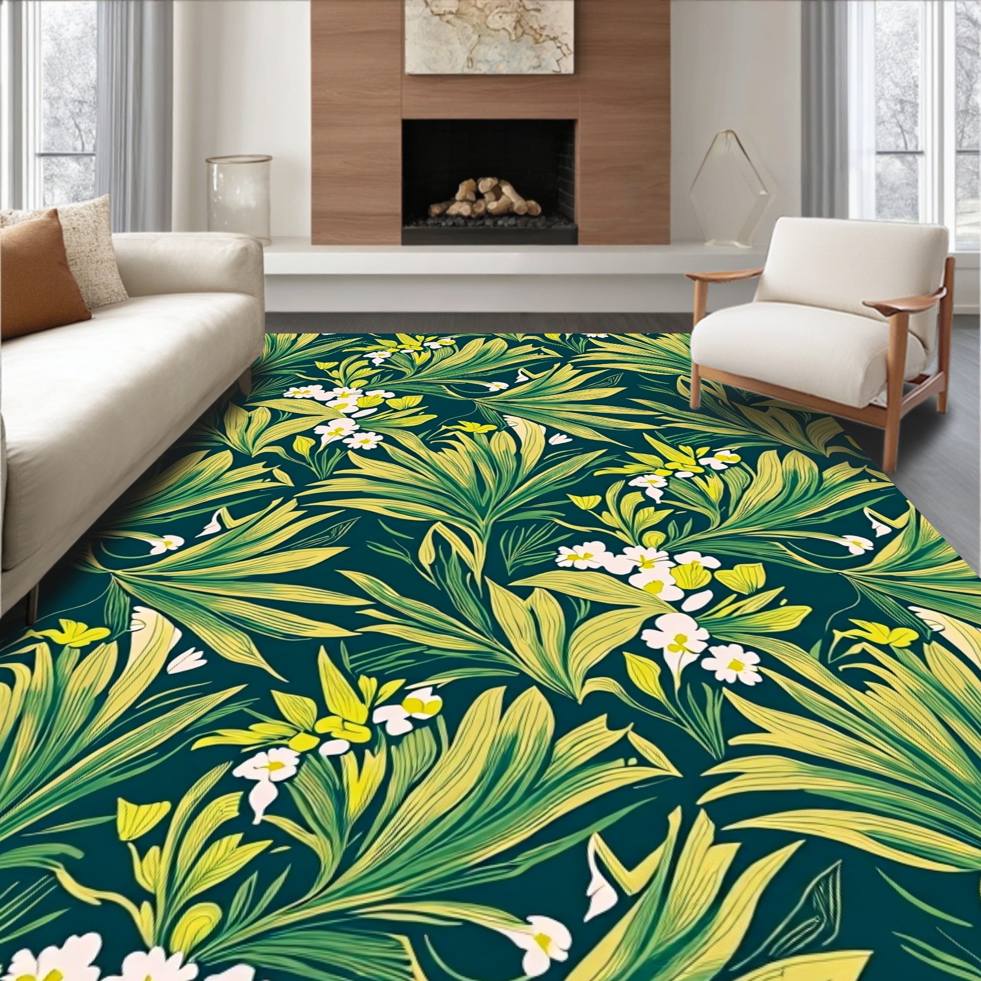 Green Yellow Tropical Floral Pattern Rug
