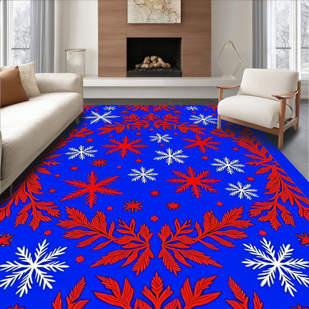 Crimson White Snowflake Blue Field Rug