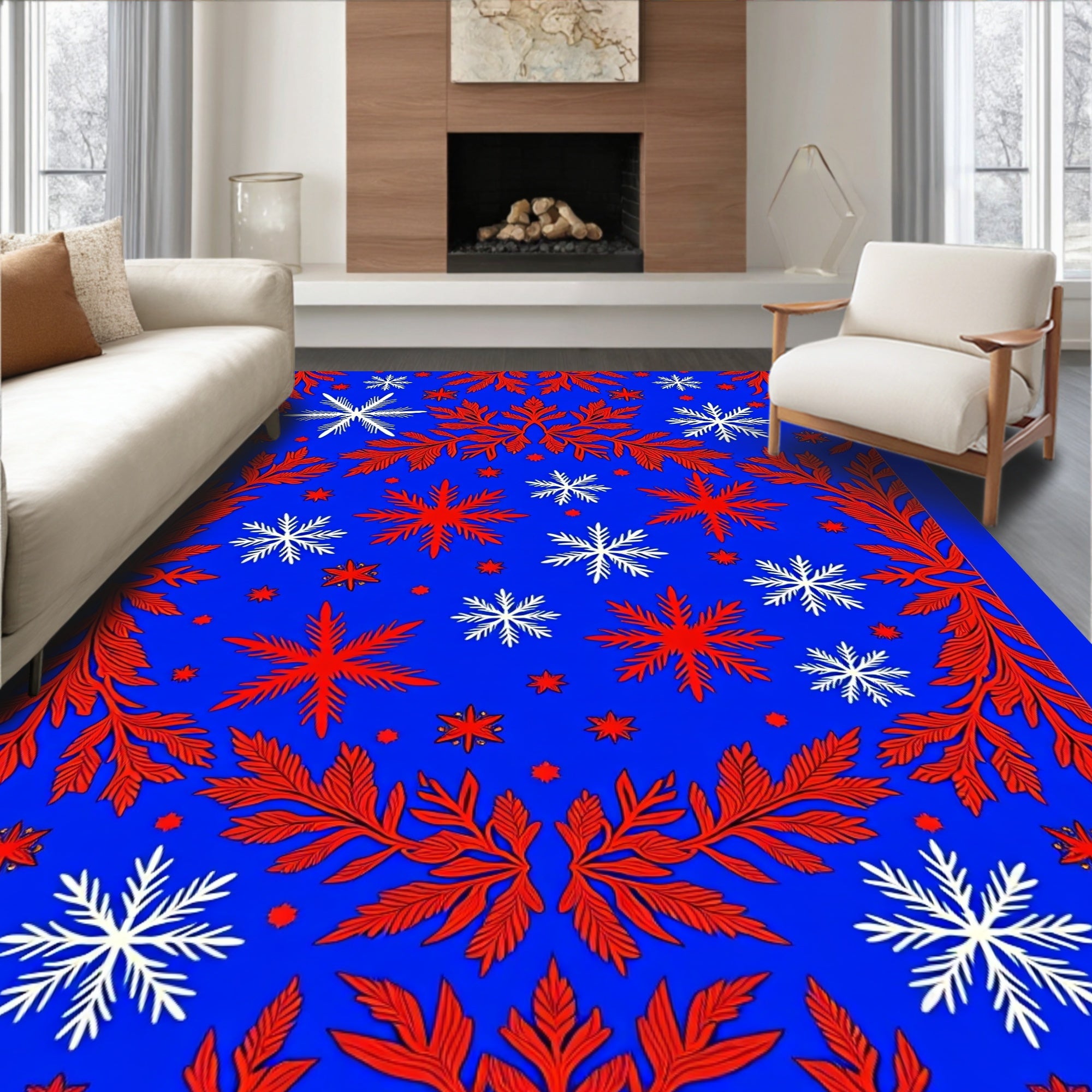Crimson White Snowflake Blue Field Rug