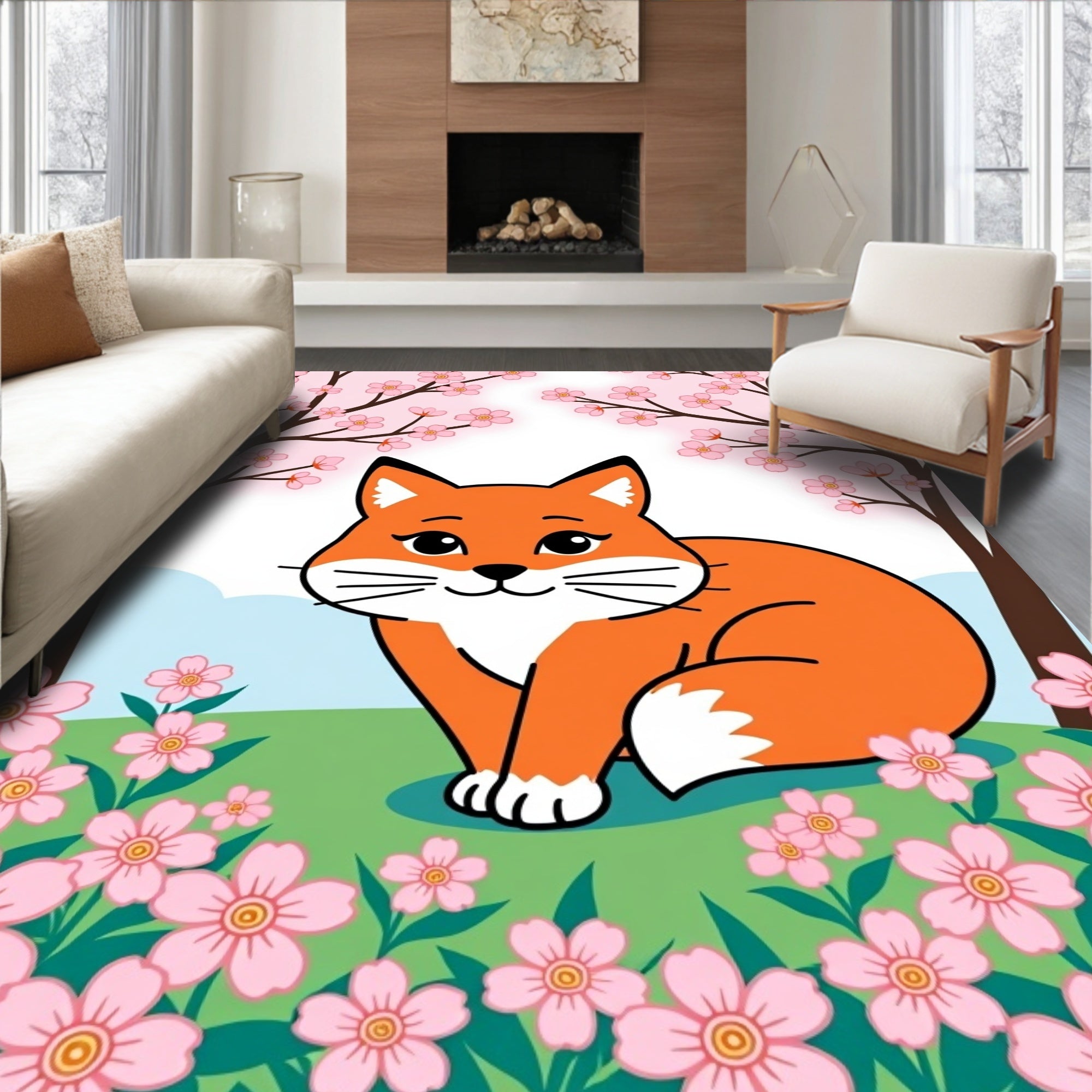 Cute Fox Amongst Pink Cherry Blossoms Rug