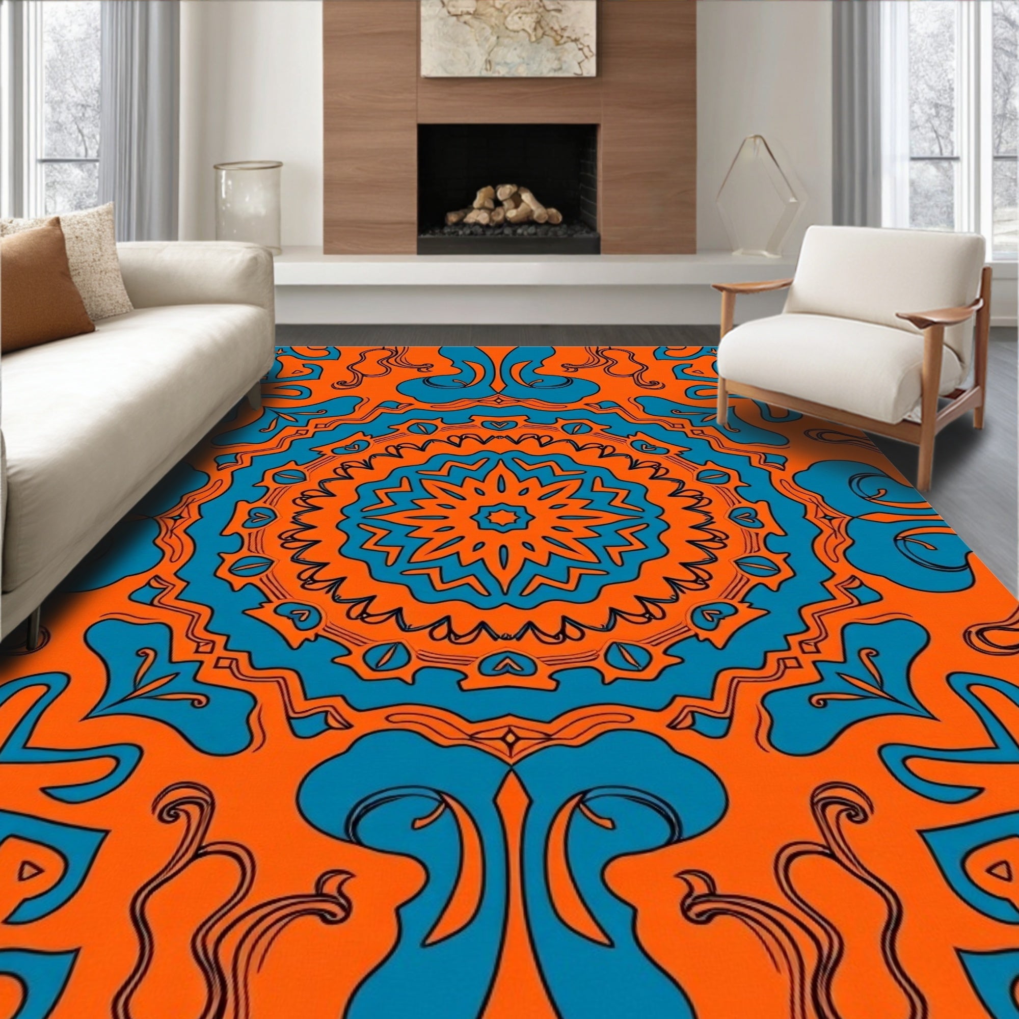 Vibrant Orange Teal Mandala Pattern Rug