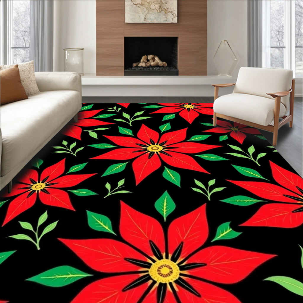 Bold Red Poinsettia Black Floral Rug