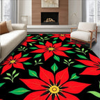 Bold Red Poinsettia Black Floral Rug