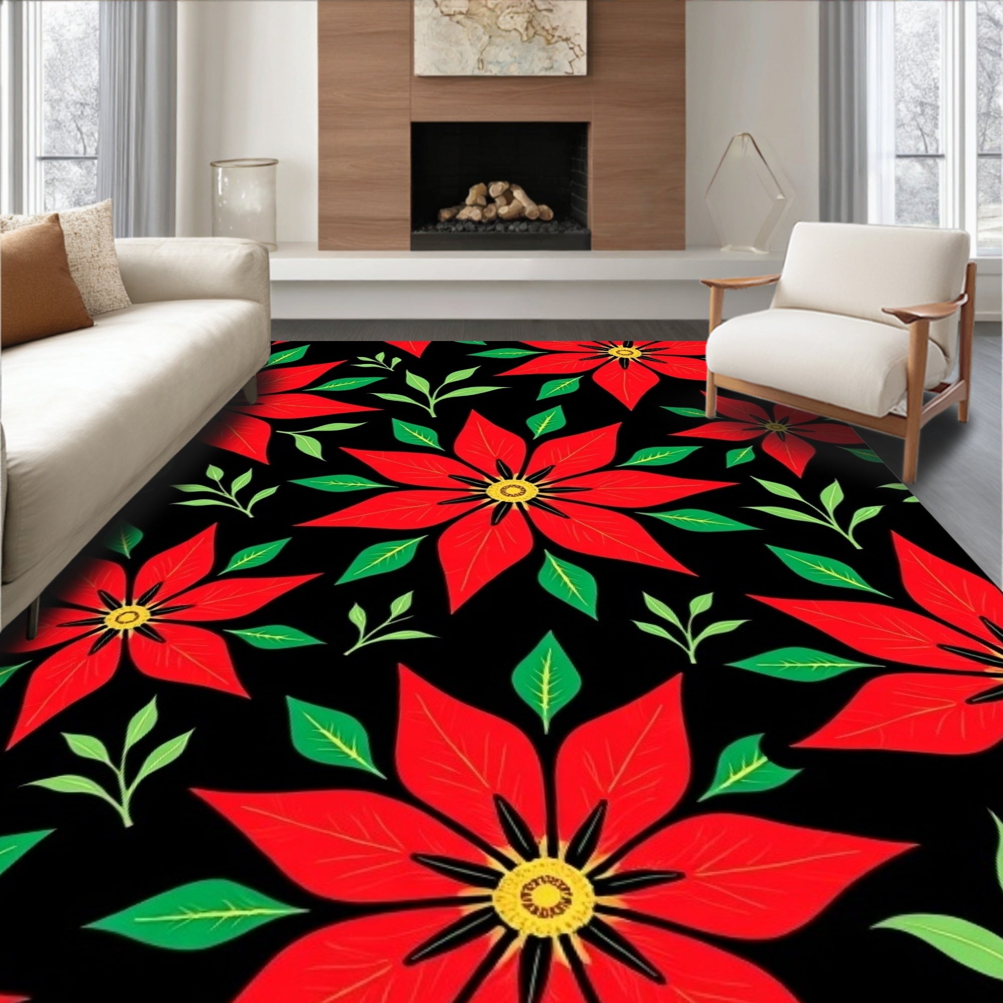 Bold Red Poinsettia Black Floral Rug