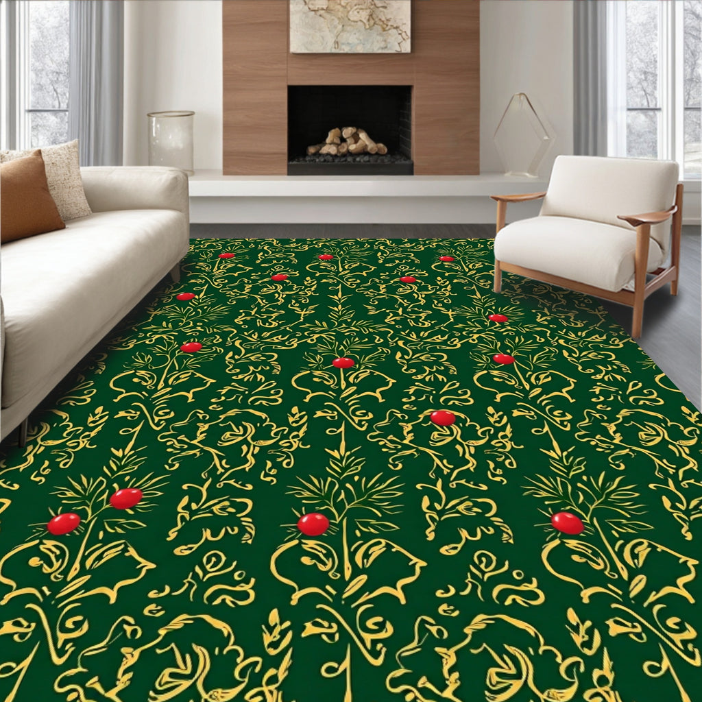 Emerald Green Red Berry Floral Damask Rug