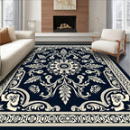Ornate Floral Patterned Navy Rug
