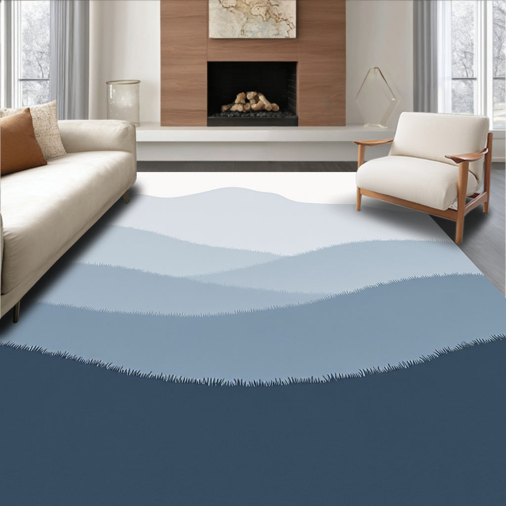 Layered Blue Hills With Grass Texture Rug