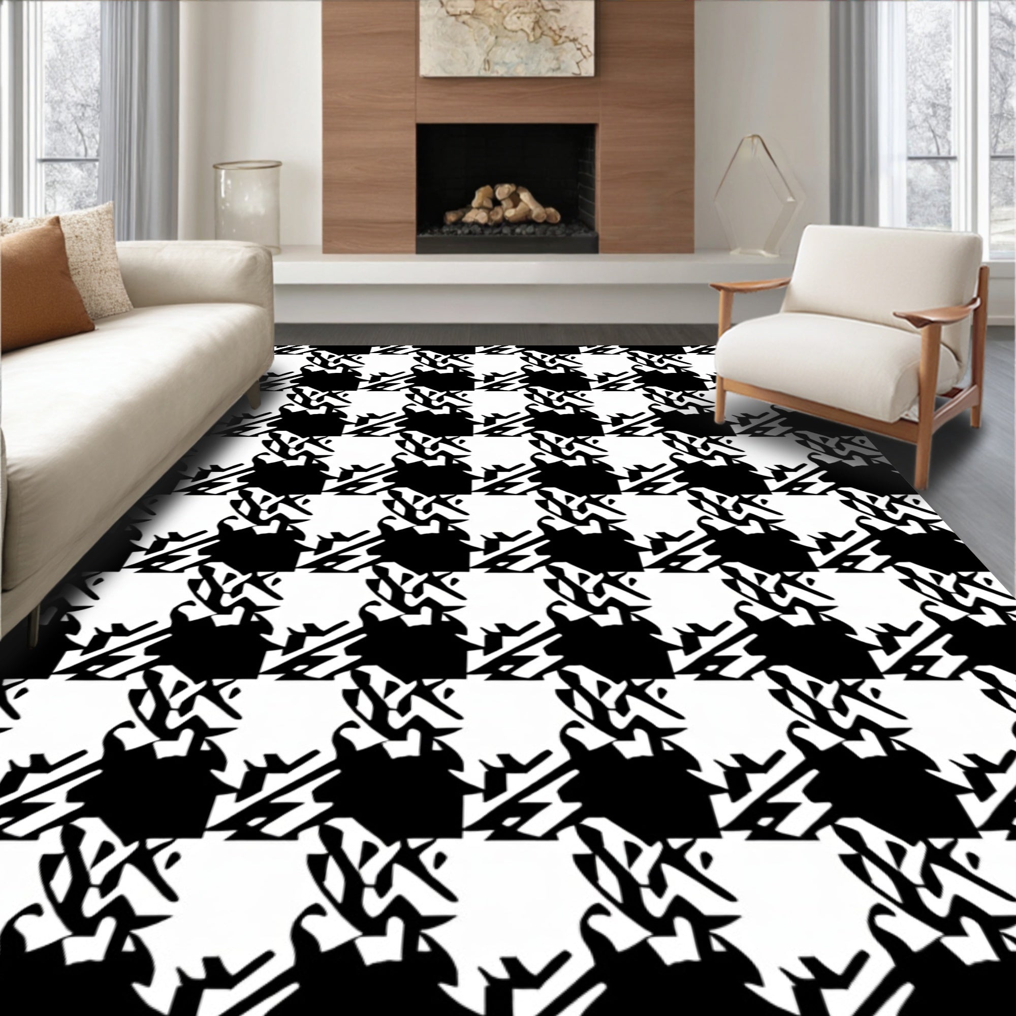 Abstract Black White Geometric Pattern Rug