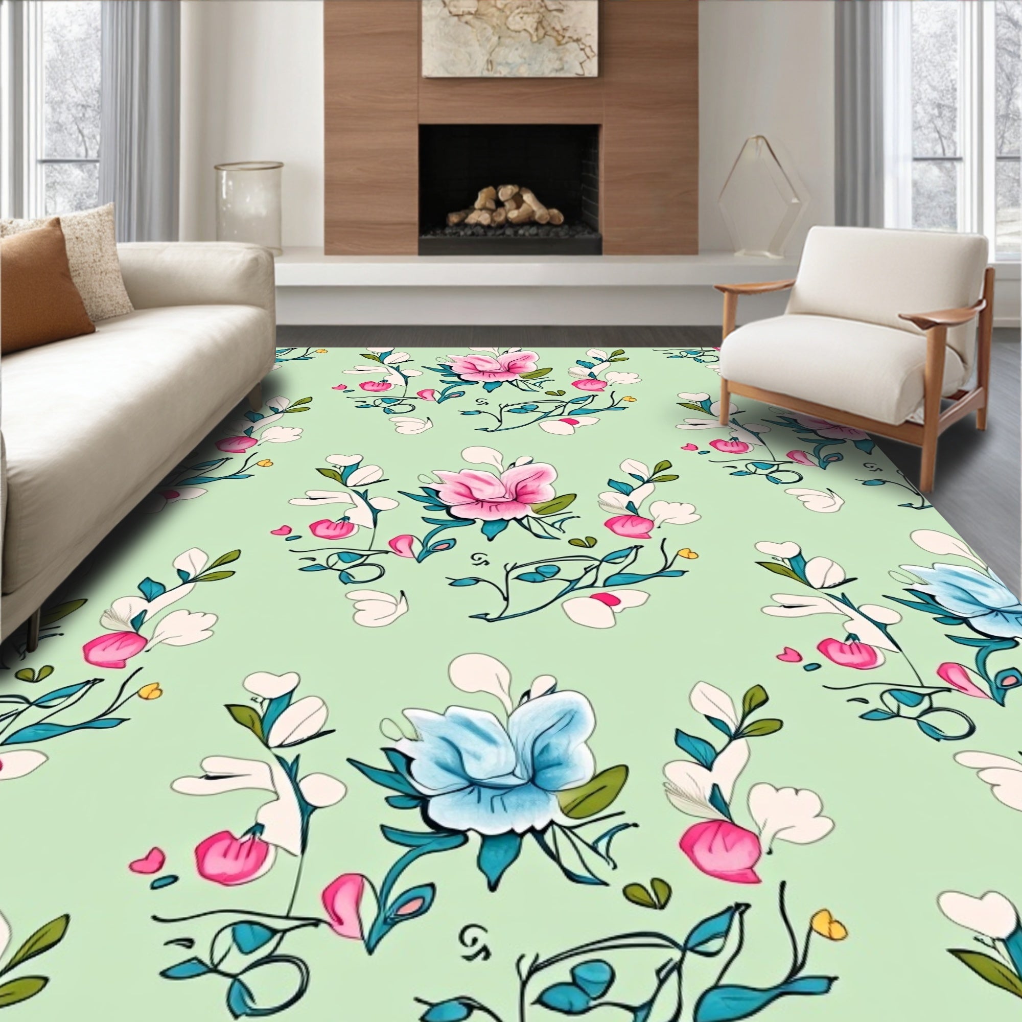 Pastel Floral Branch Pattern Rug