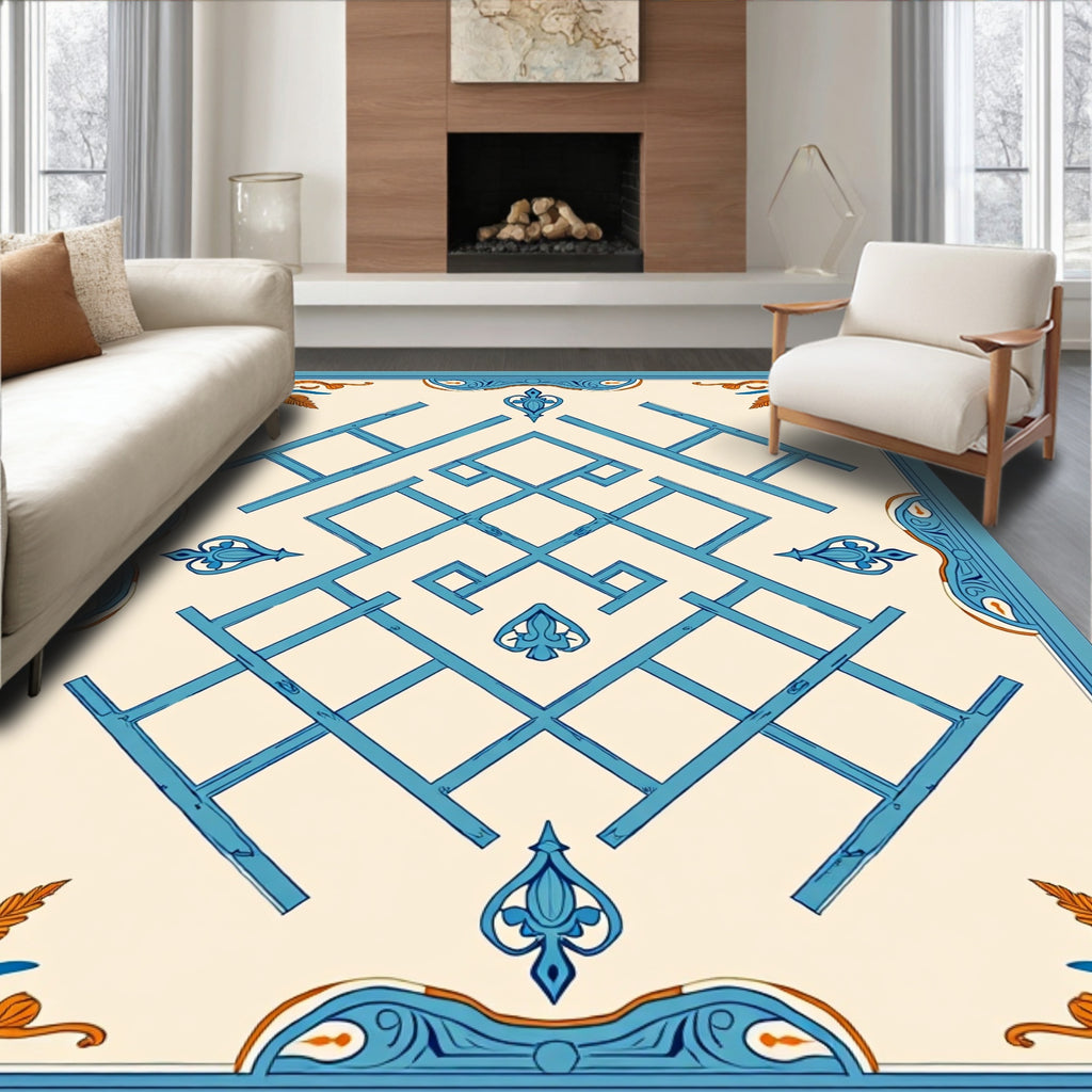 Geometric Lattice Blue Orange Design Rug