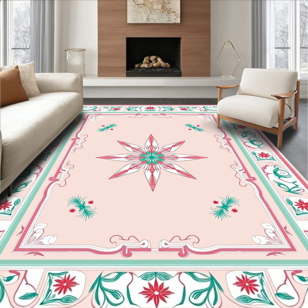 Pink Floral Starburst Border Pattern Rug