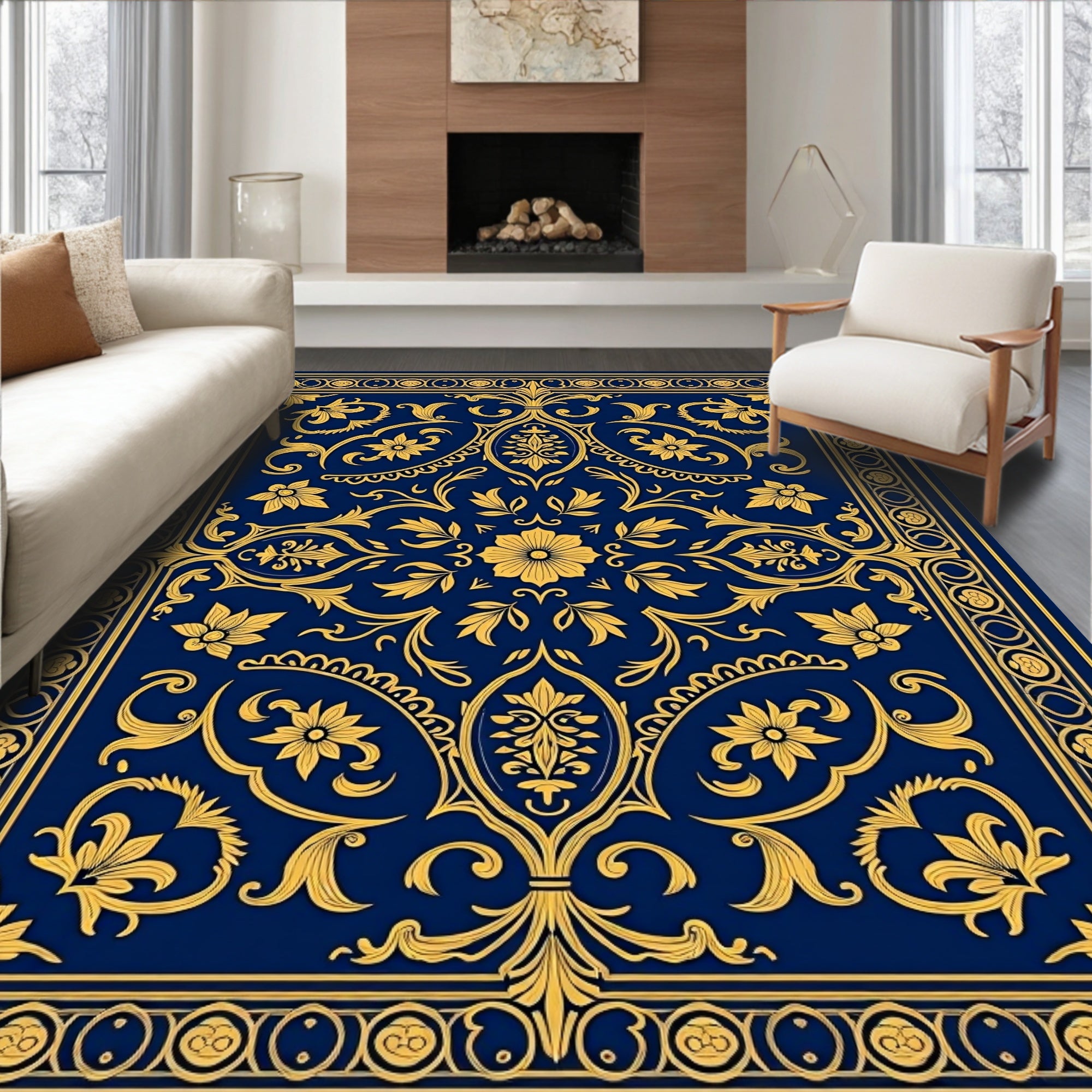 Classic Blue Yellow Elaborate Floral Rug