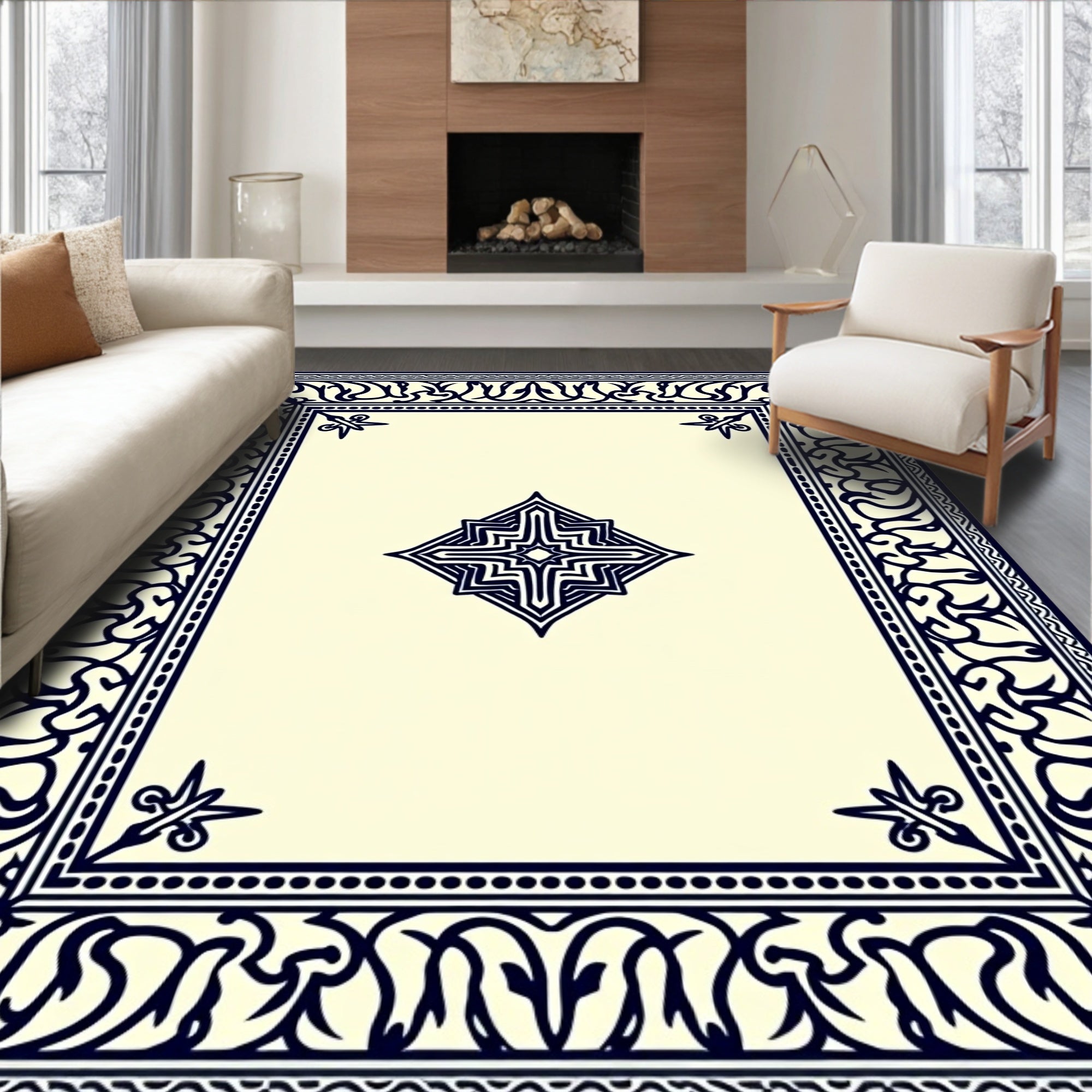 Classic Dark Blue Decorative Frame Rug