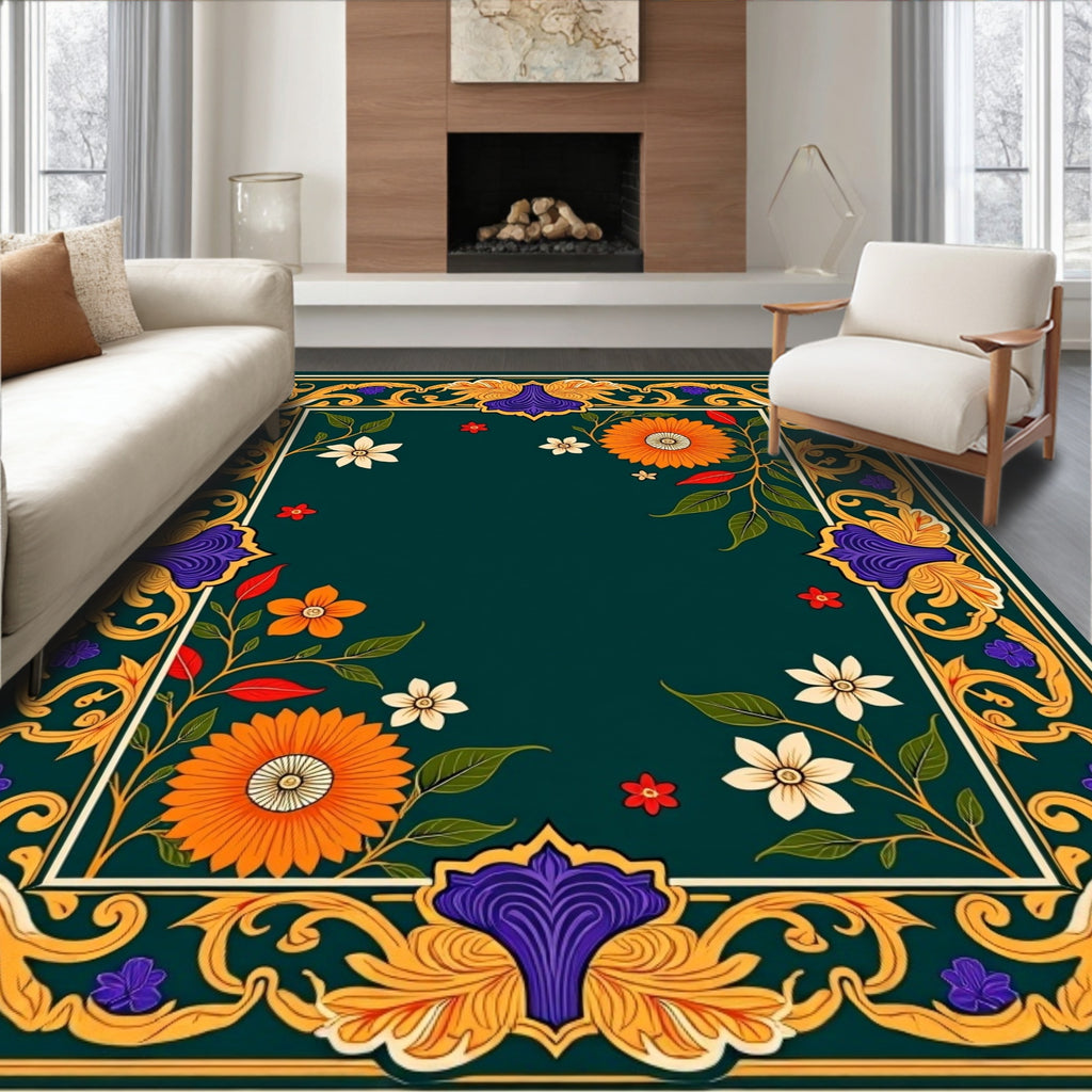 Ornate Floral Border with Warm Accents Rug
