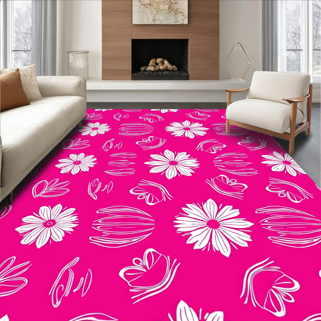 Whimsical White Floral Outline Pattern Rug