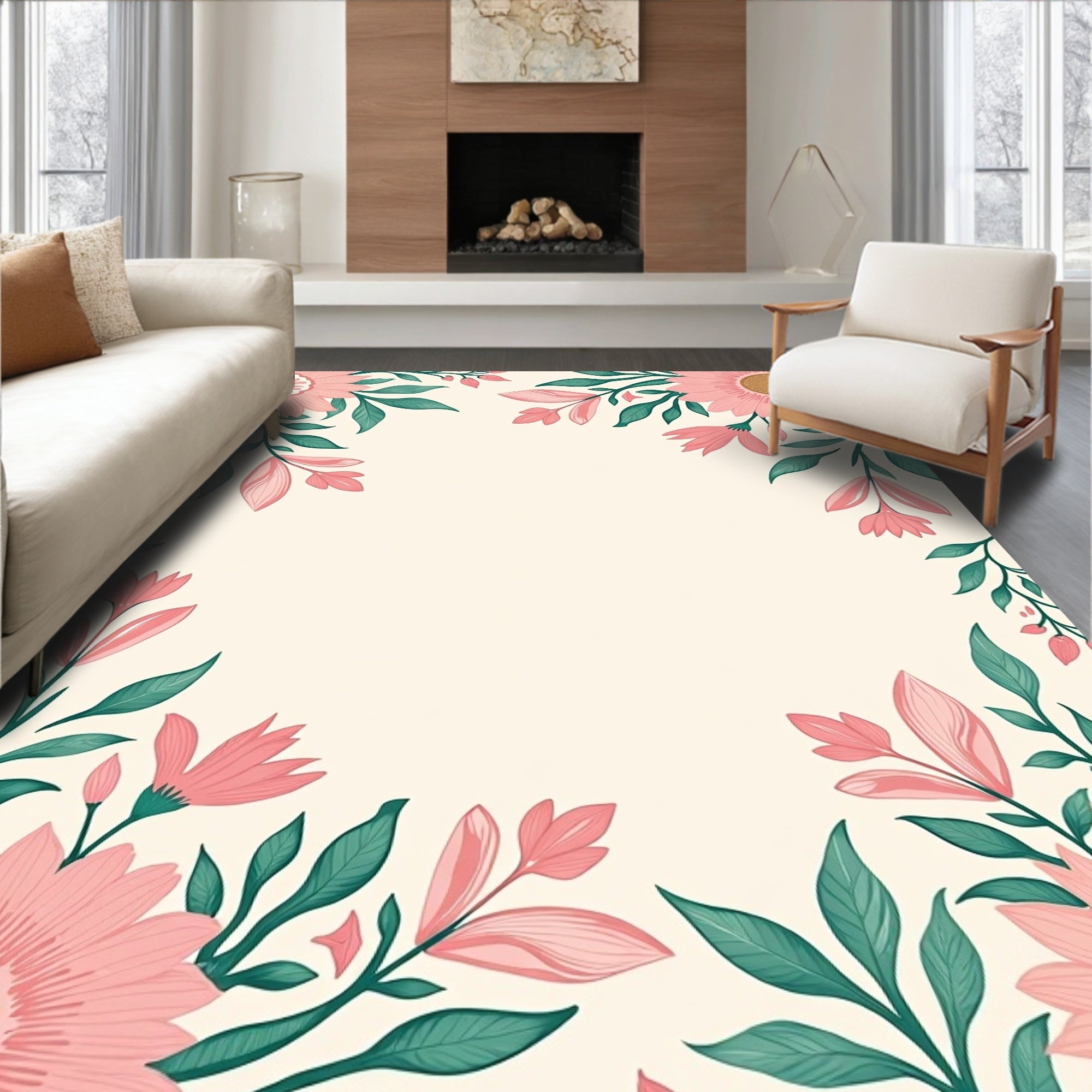Pink Floral Vine Botanical Pattern Rug