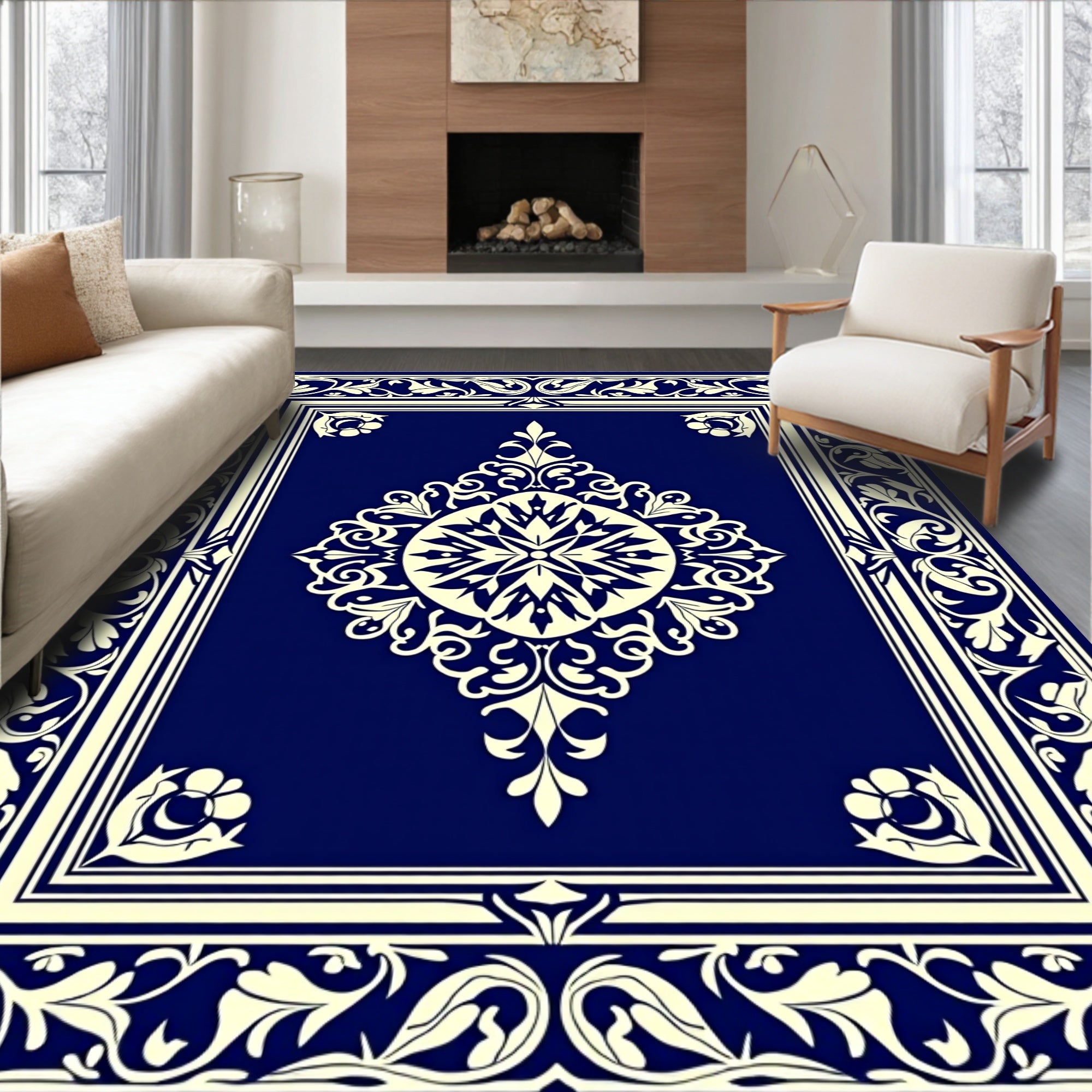 Classic Deep Blue Floral Medallion Rug