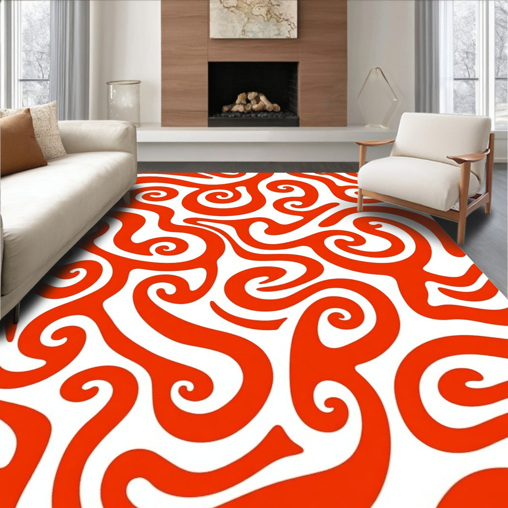 Curvy Swirl Pattern Red White Rug