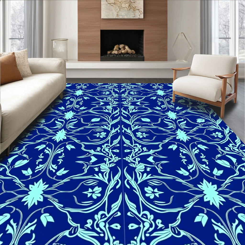 Ornate Blue Floral Scroll Pattern Rug