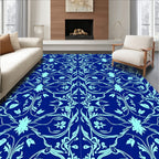 Ornate Blue Floral Scroll Pattern Rug