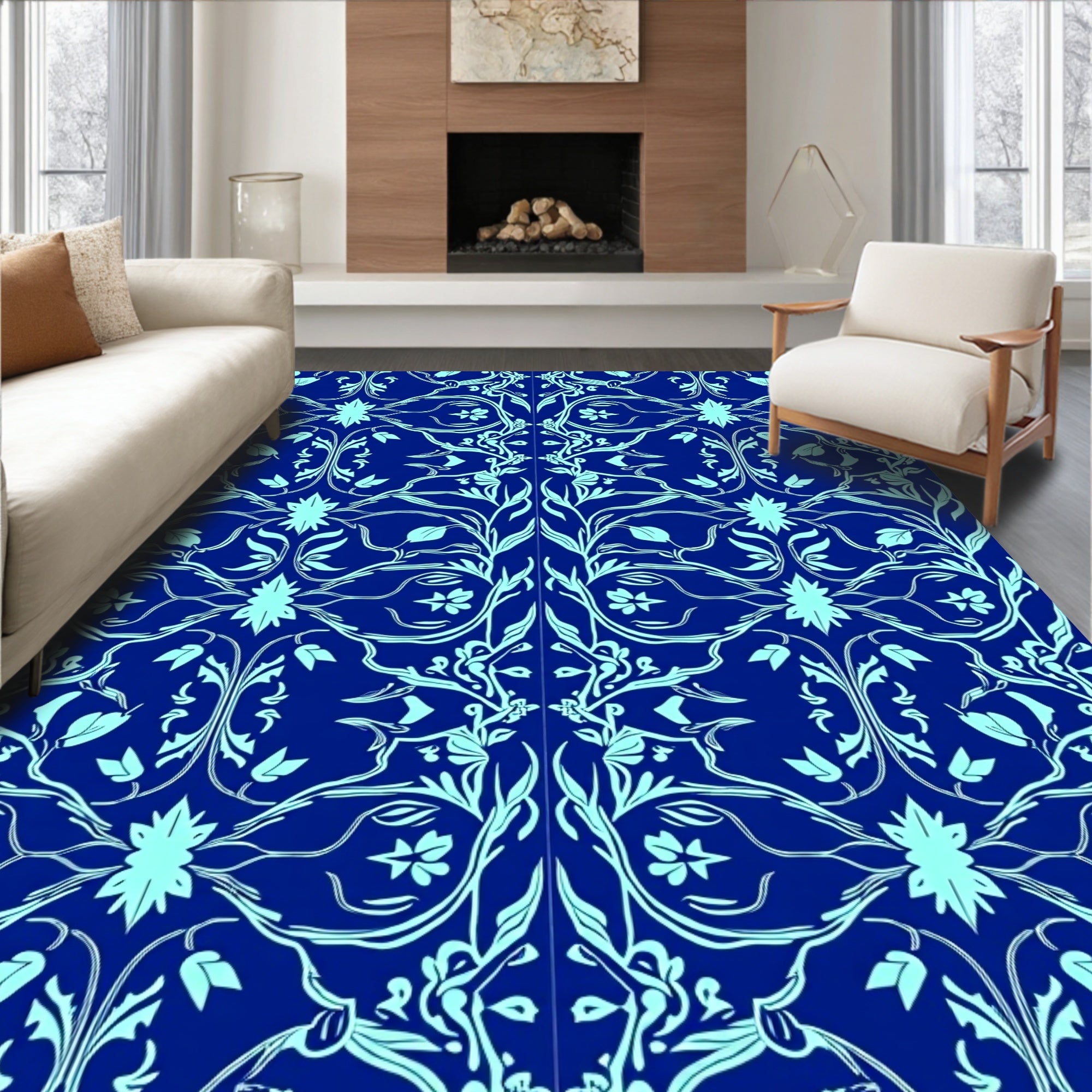 Ornate Blue Floral Scroll Pattern Rug