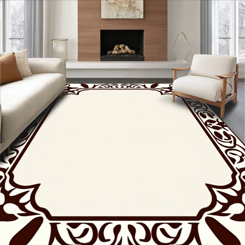 Ornate Floral Scrollwork Pattern Border Rug