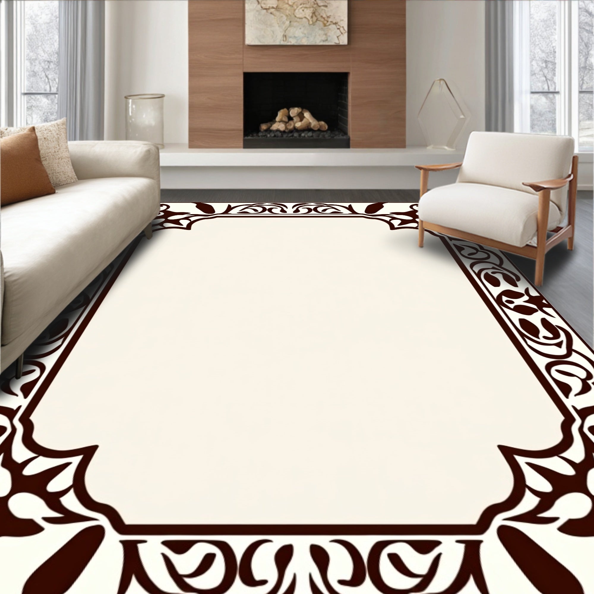 Ornate Floral Scrollwork Pattern Border Rug