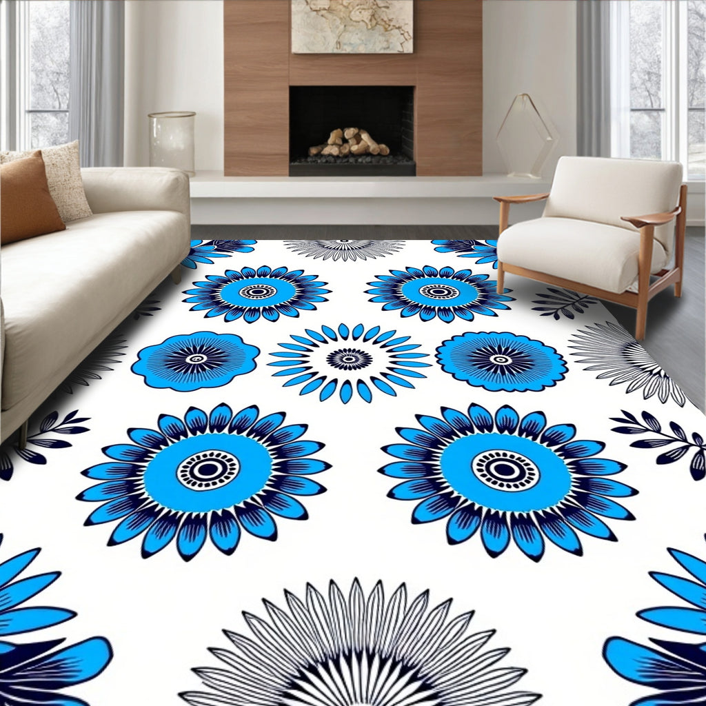 Vibrant Cornflower Blue Floral Medallion Rug
