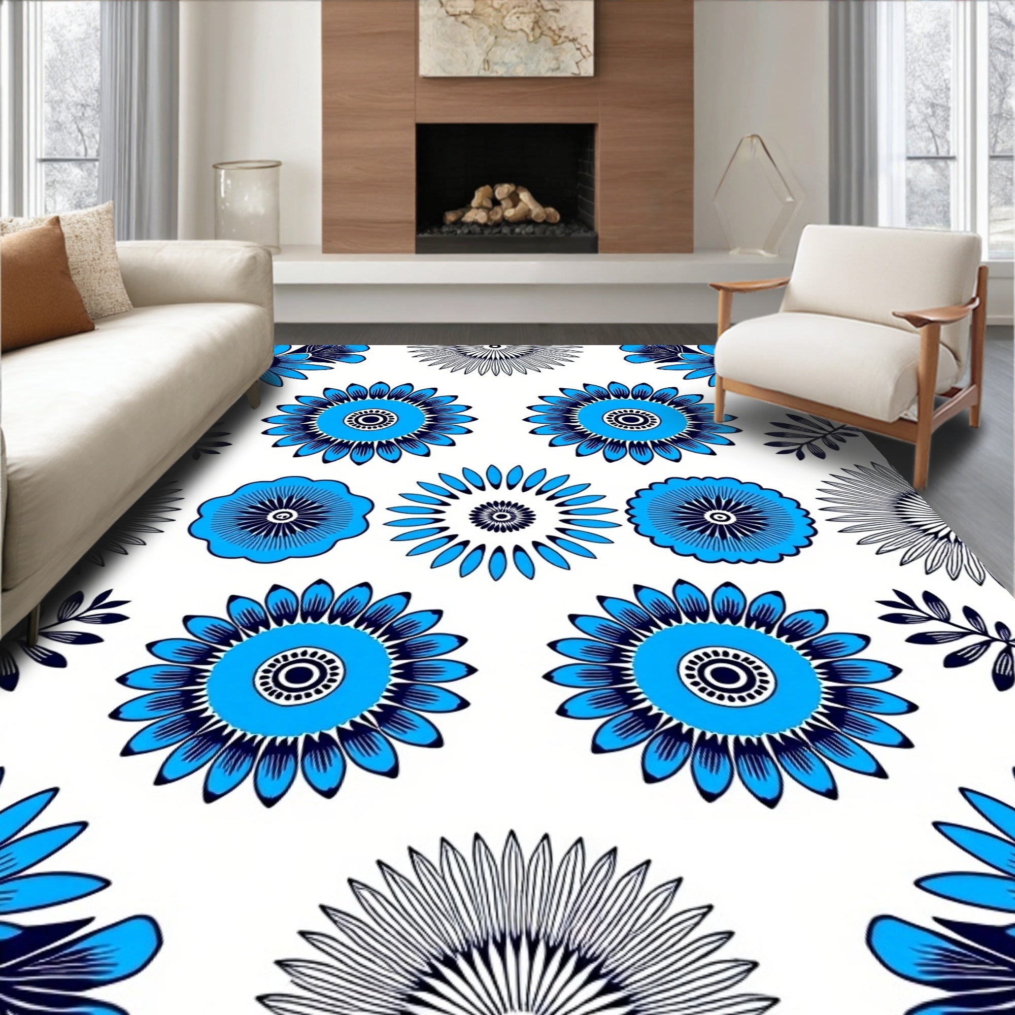Vibrant Cornflower Blue Floral Medallion Rug